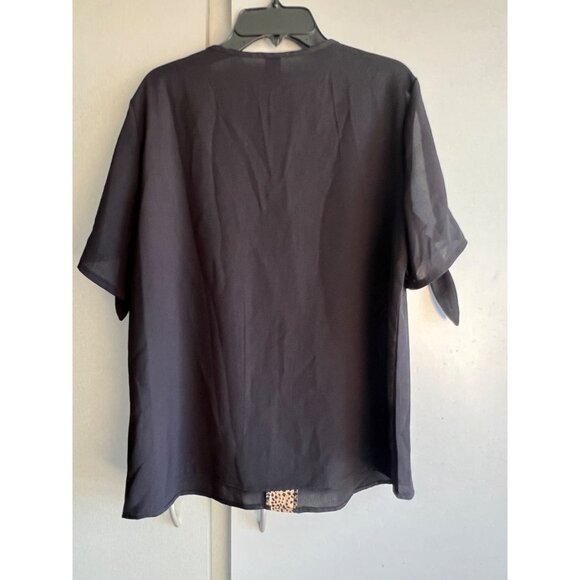 Shein Sheer Slit Tie Sleeve V Neck Leopard Print Chiffon Blouse Womens Size L - Picture 5 of 7